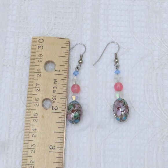 Handmade Dangle Earrings, Blue Cloisonne Bead, Crystal, Dressy Business Jewelry - Picture 6 of 7